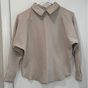 Sioni Milano Womens XS Cream Ribbed Knit Faux Leather Collar Dolman Sleeve Top
